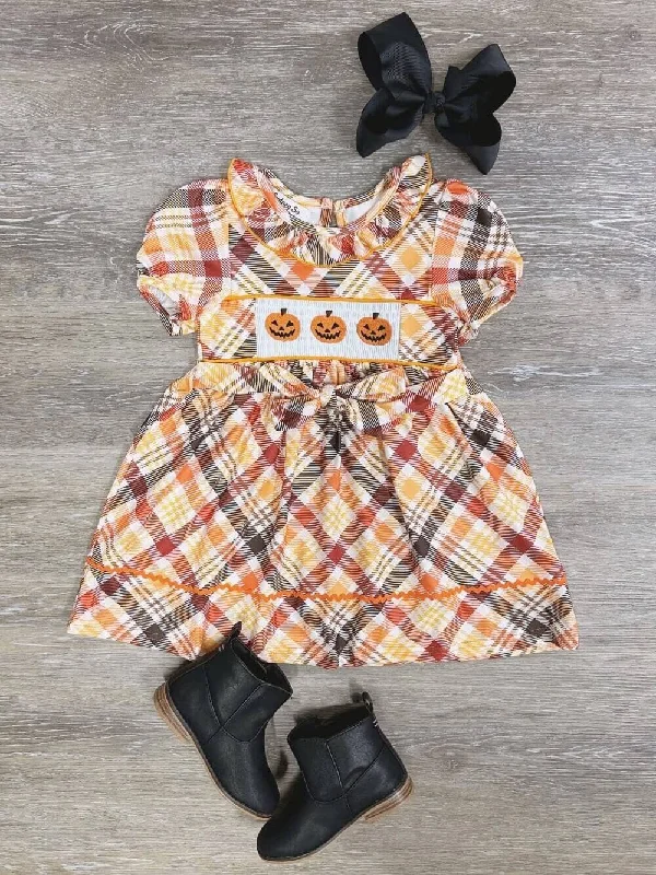 Pumpkins & Plaid Girls Puff Sleeve Fall Dress