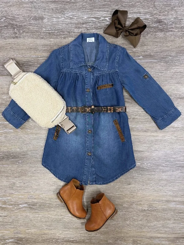 Chambray Denim Belted Girls Shirt Dress