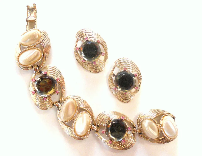 Smokey Crystal Rivoli Bracelet and Clip Earrings w/ Pink Rhinestones circa 1960s