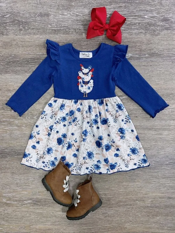 Blooming Blue Chickens Girls Long Sleeve Dress