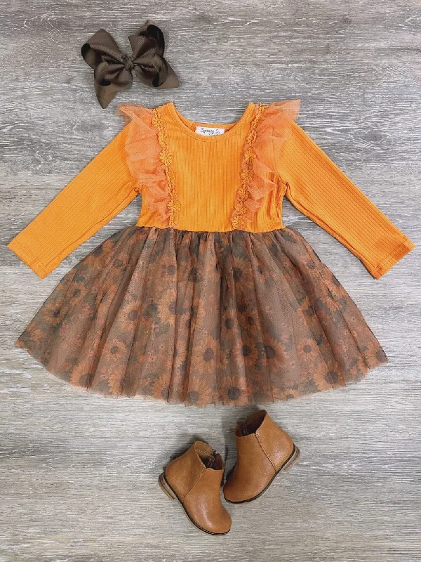 Sunflower Chiffon Girls Long Sleeve Dress