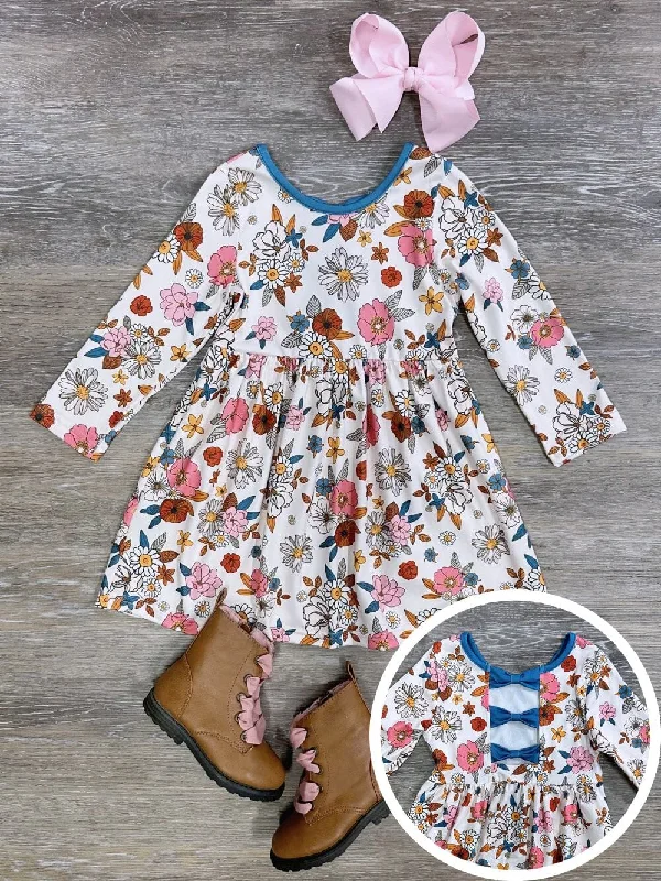 Autumn Blooms Blue Trim Long Sleeve Girls Dress