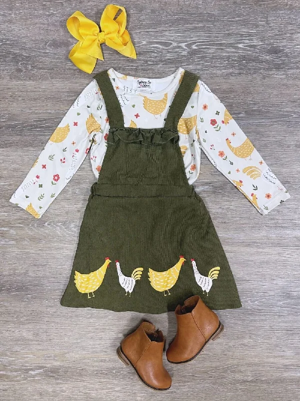 Chicken Chicken Olive Corduroy Girls Jumper Dress Set