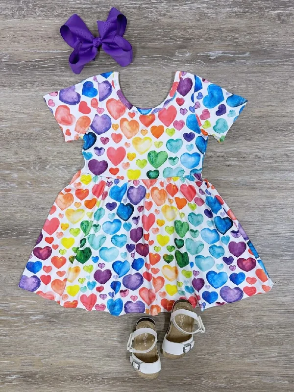 Rainbow Hearts Girls Short Sleeve Summer Dress