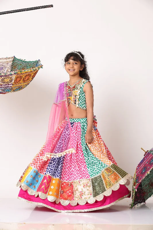 Pre-Order: Multicolour Top And Zig-zag Printed Lehenga With Net Dupatta