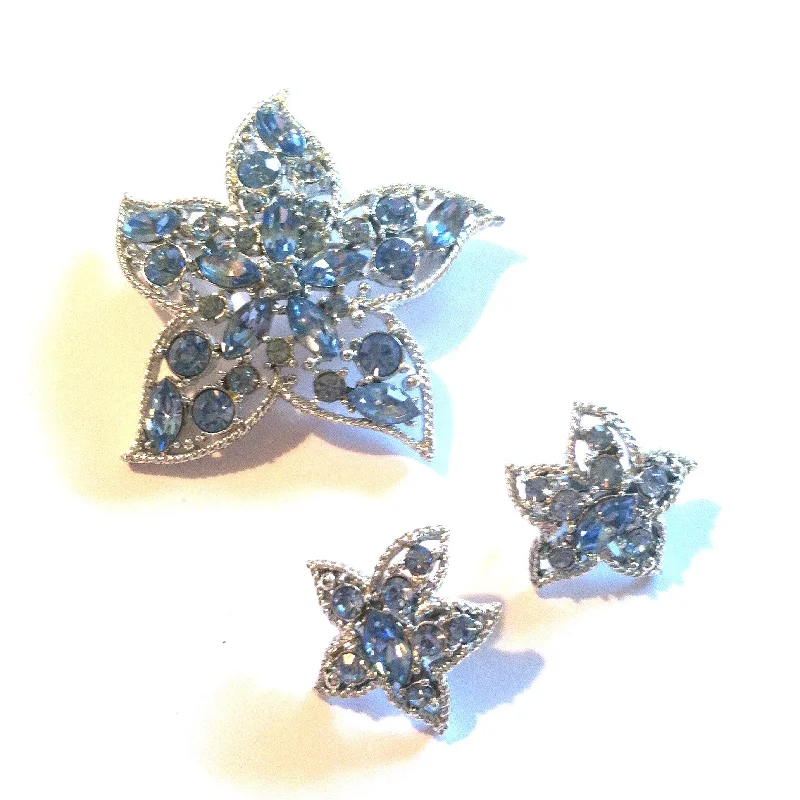 Star Fire Blue Rhinestone Brooch and Clip Earrings circa 1960s