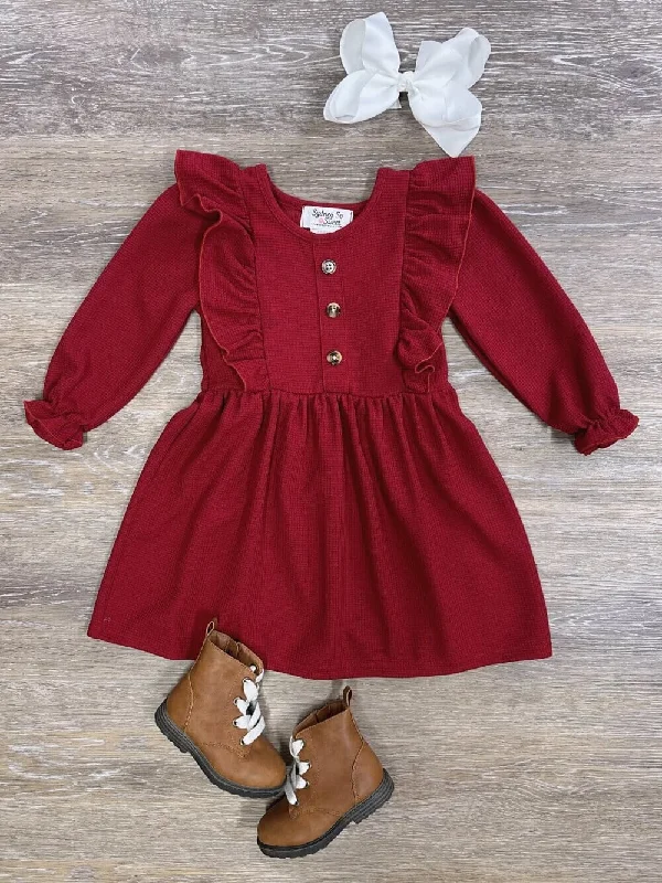 Rusty Red Waffle Knit Girls Ruffle Trim Long Sleeve Dress