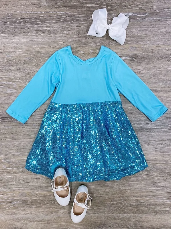 Cross Back Blue Girls Sequin Skater Dress