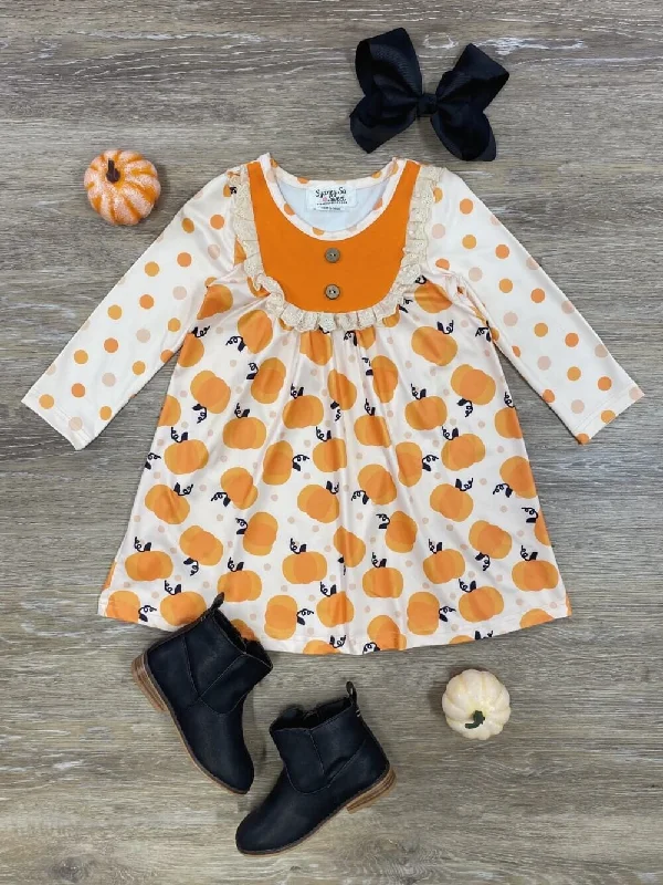 Polka Pumpkin Girls Long Sleeve Dress