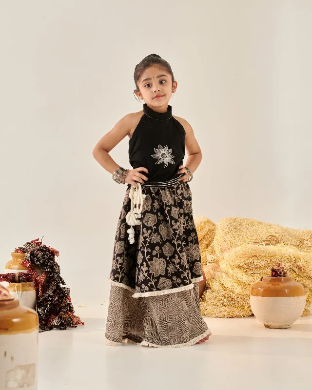 Pre-Order: Girl Floral Embroidery Lehenga Set - Black