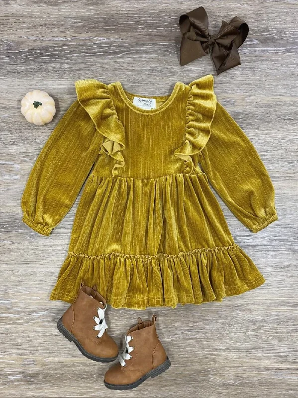 Gold Velvet Ruffle Girls Special Occasion Dress