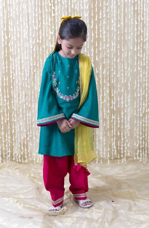 Pre-Order: Girl Silk Kurta Set-Green