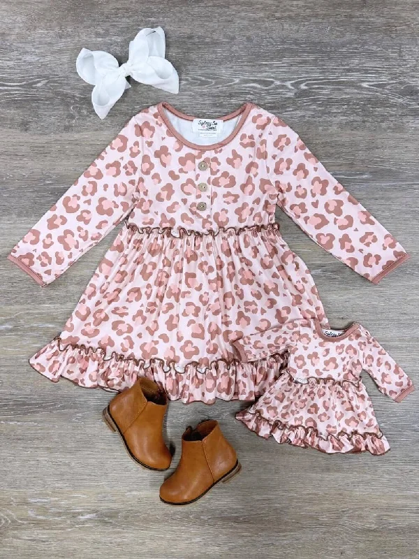 Doll & Me - Blush Leopard Ruffle Tiered Long Sleeve Dress