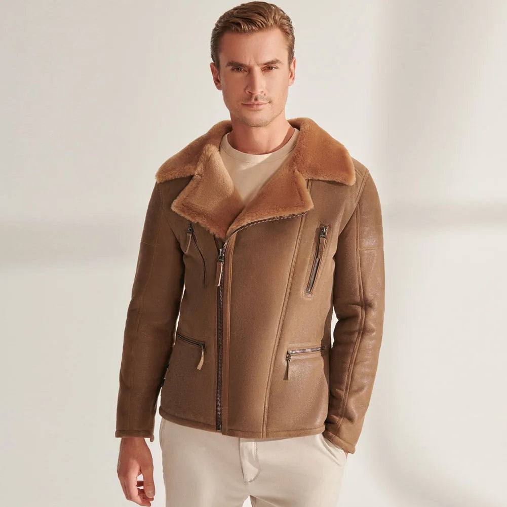 Brown Shearling Sheepskin Leather Thick Wool Lined Jacket for Men