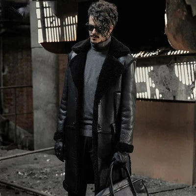 Men's Single-Breasted Shearling Sheepskin Leather Coat with Fur Lapel Collar