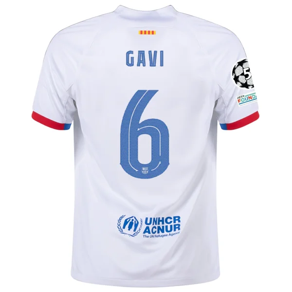 Nike Barcelona Gavi Away Jersey w/ Champions League Patches 23/24 (White/Royal Blue)