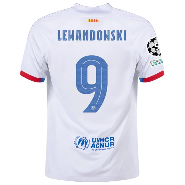 Nike Barcelona Robert Lewandowski Away Jersey w/ Champions League Patches 23/24 (White/Royal Blue)