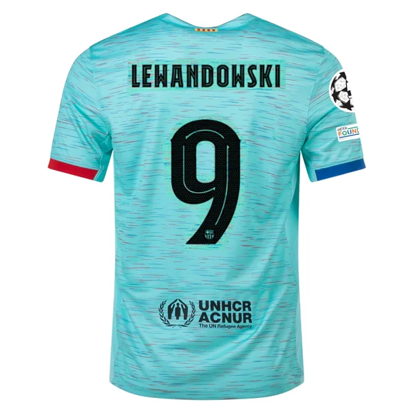 Nike Barcelona Robert Lewandowski Third Jersey w/ Champions League Patches 23/24 (Light Aqua/Royal Blue)