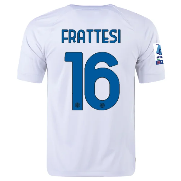 Nike Inter Milan Davide Frattesi Away Jersey w/ Series A + Copa Italia Patches 23/24 (White/Lyon Blue)