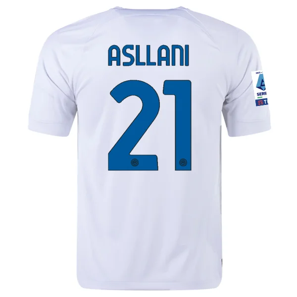 Nike Inter Milan Kristjan Asllani Away Jersey w/ Series A + Copa Italia Patches 23/24 (White/Lyon Blue)