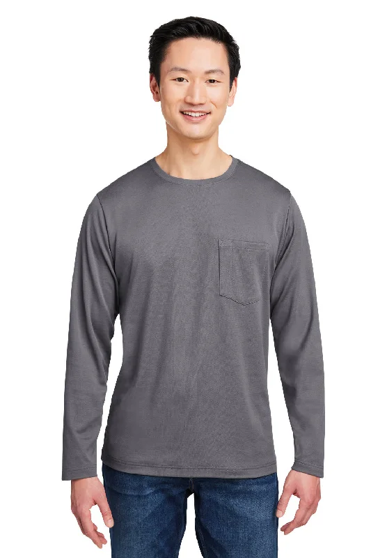 Harriton Mens Charge Moisture Wicking Long Sleeve Crewneck T-Shirt w/ Pocket - Dark Charcoal Grey