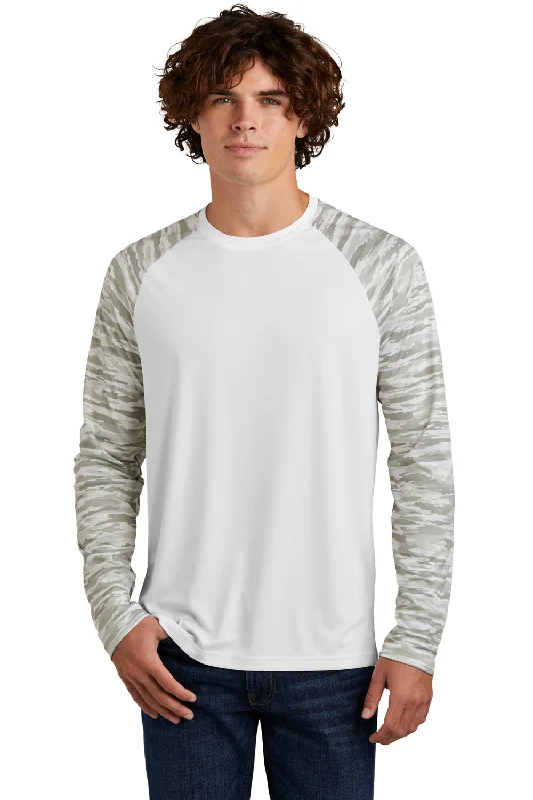 Sport-Tek Mens Drift Camo Colorblock Moisture Wicking Long Sleeve Crewneck T-Shirt - White