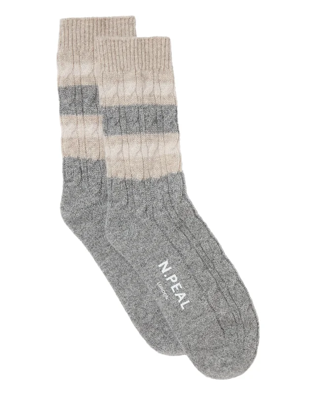 Men's Stripe Cable Cashmere Socks Frost White