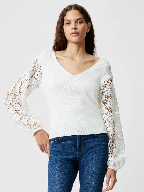 Ribbed V-Neck Lace Sleeve Jumper