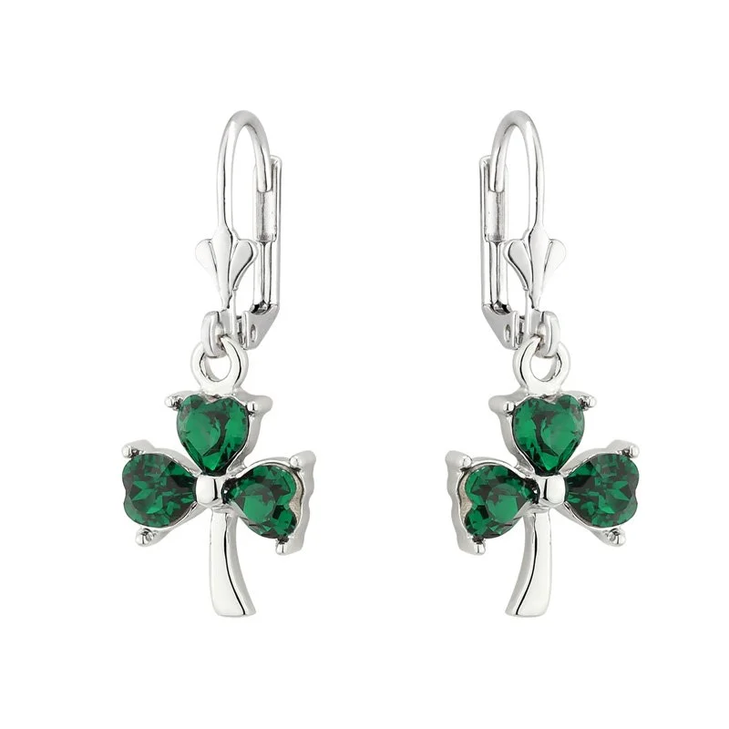 Sterling Silver Green Crystal Shamrock Drop Earrings