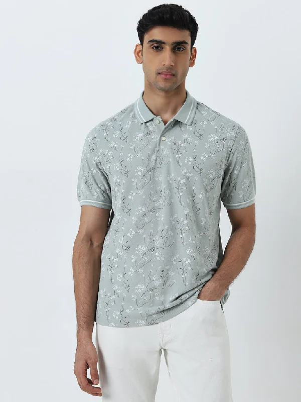 WES Casuals Sage Floral Printed Relaxed-Fit Polo T-Shirt