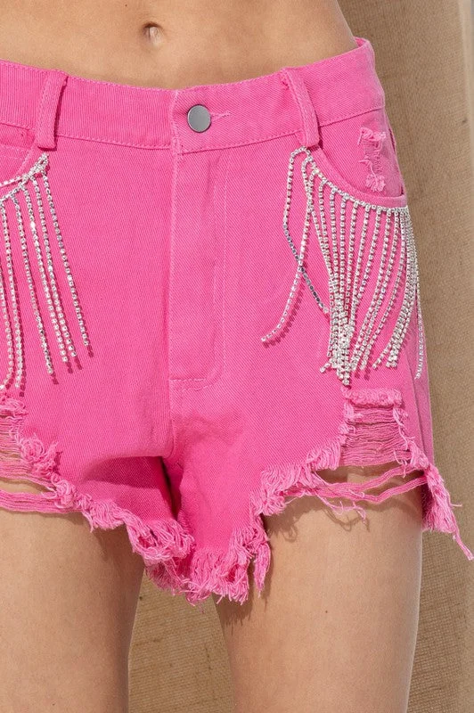 PINK FRINGE DENIM SHORTS